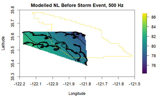 Noise map for data from cluster of drifting recorders, with latitude on the x axis and longitude on the y axis. Drift tracks are provided as black lines, and the modelled noise level before the storm is provided in color, ranging from 76 dB in dark blue to 86 dB in bright yellow. This pre-storm modelled data provides a view of the soundscape averaged across the region. The brighter colors (relating to higher noise levels) in the northwest were attributed to the approaching storm.