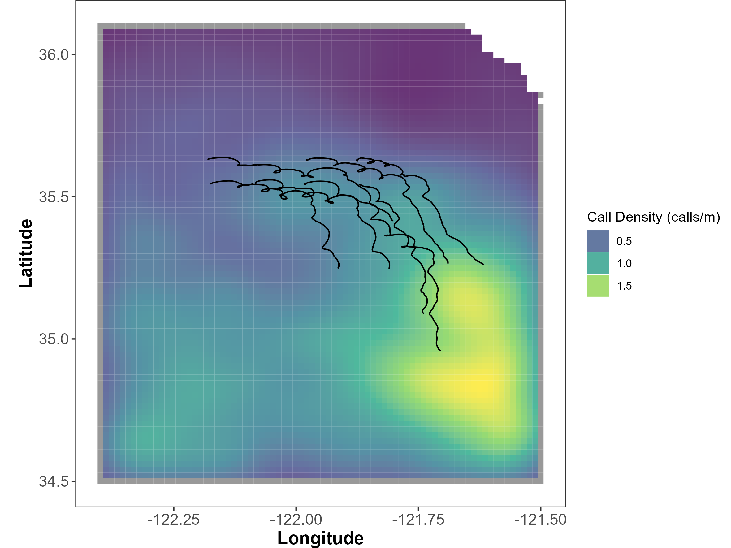 Tracks of 8 clustered drifting recorders with simulated fin whale call density. Map of drift tracks for a cluster of 8 drifting recorders overlying simulated fin whale density with call density ranging from 0.5 calls/min in blue to 1.5 calls/min in green. A bright yellow/green area to the southeast of the drift tracks highlights high call density.