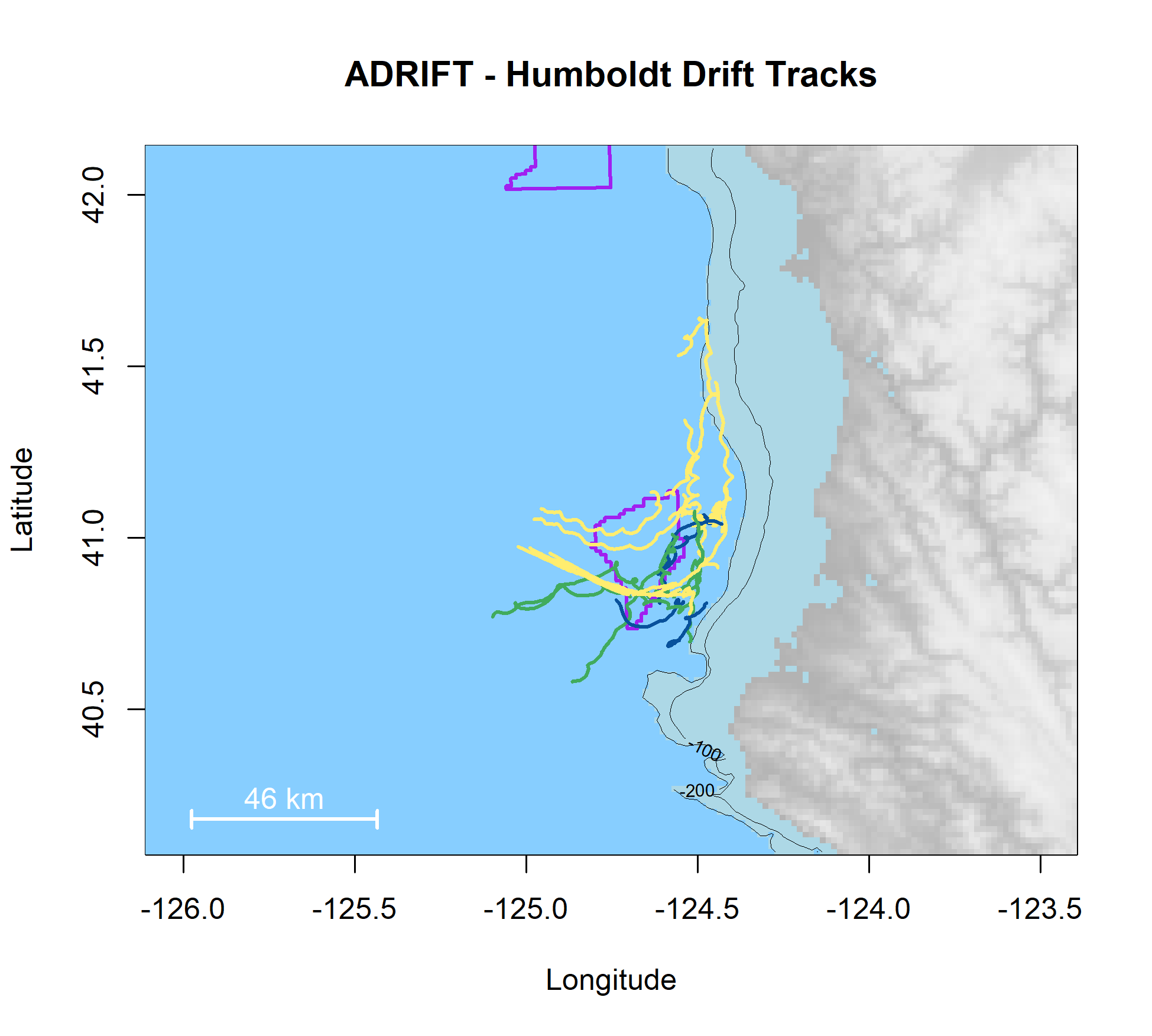 Map of the Adrift Humboldt study area with plots of geoposition tracks of successful drifts during the upwelling season shown in green and the post-upwelling season shown in yellow. The Wind Energy Areas are outlined in purple. Latitude is on the x-axis, and Longitude is on the y-axis. Bathymetry is shown with light blue for the shelf and slope waters, and dark blue for deep ocean waters. A 100 m and 200 m isobath line are provided.