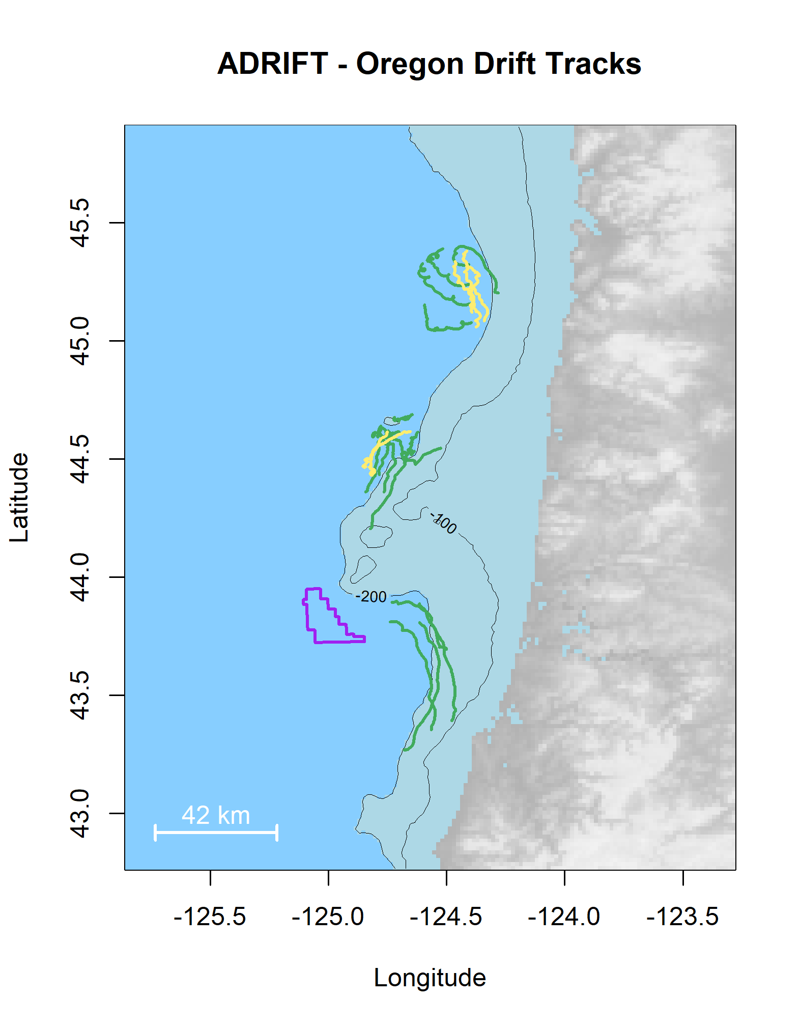 Map of the Adrift Oregon study area with plots of geoposition tracks of successful drifts during the upwelling season shown in green and the post-upwelling season shown in yellow. The Wind Energy Area is outlined in purple. Latitude is on the x-axis, and Longitude is on the y-axis. Bathymetry is shown with light blue for the shelf and slope waters, and dark blue for deep ocean waters. A 100 m and 200 m isobath line are provided.