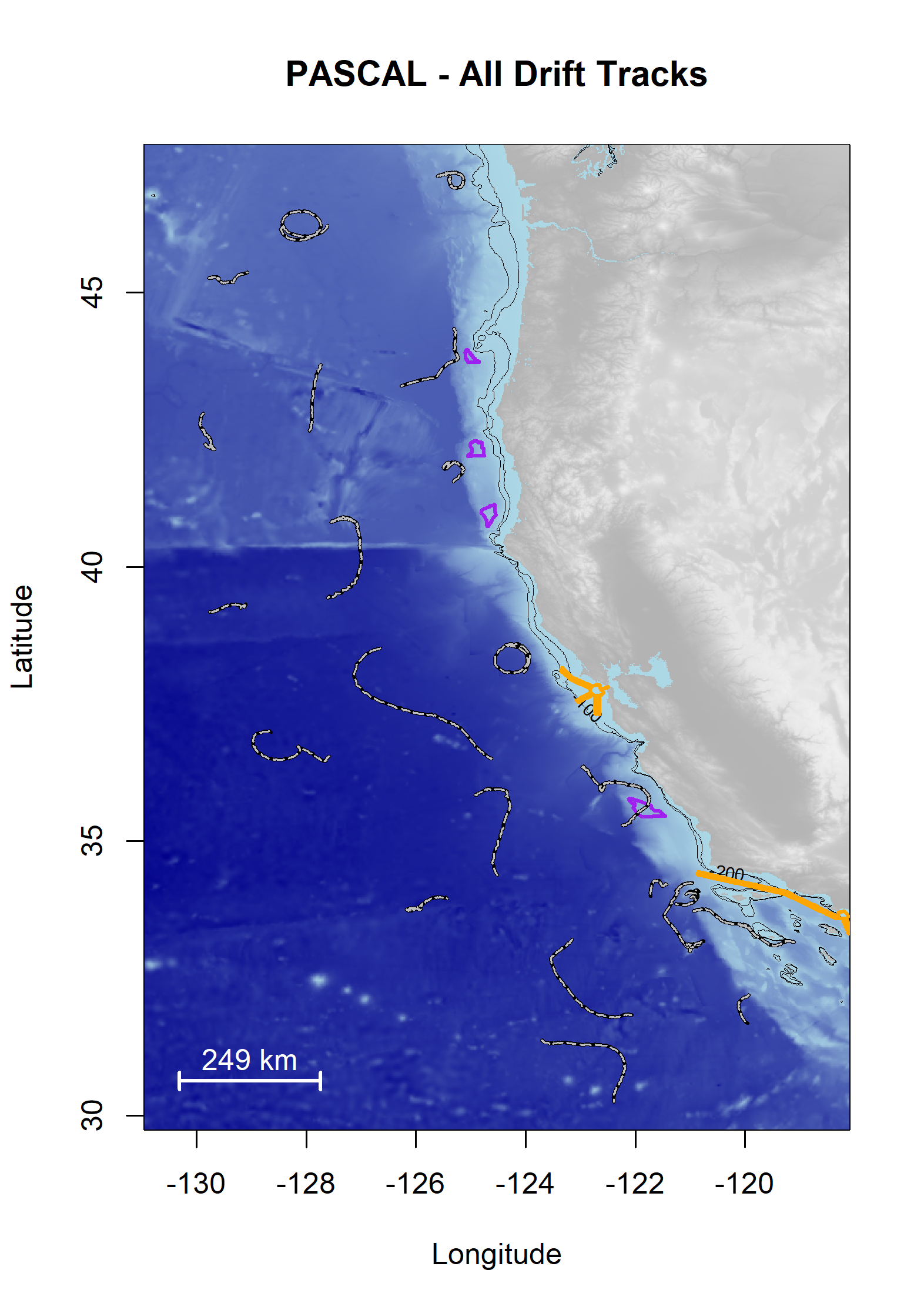 Map of the west coast of the United States with plots of all successful PASCAL drifts shown as black and white lines that represent their geoposition during the drift. The west coast Wind Energy Areas are outlined in purple, and shipping traffic lanes are outlined in yellow. Latitude is on the x-axis, and Longitude is on the y-axis. Bathymetry is shown with light blue for the shelf and slope waters, and dark blue for deep ocean waters. A 100 m and 200 m isobath line is provided.