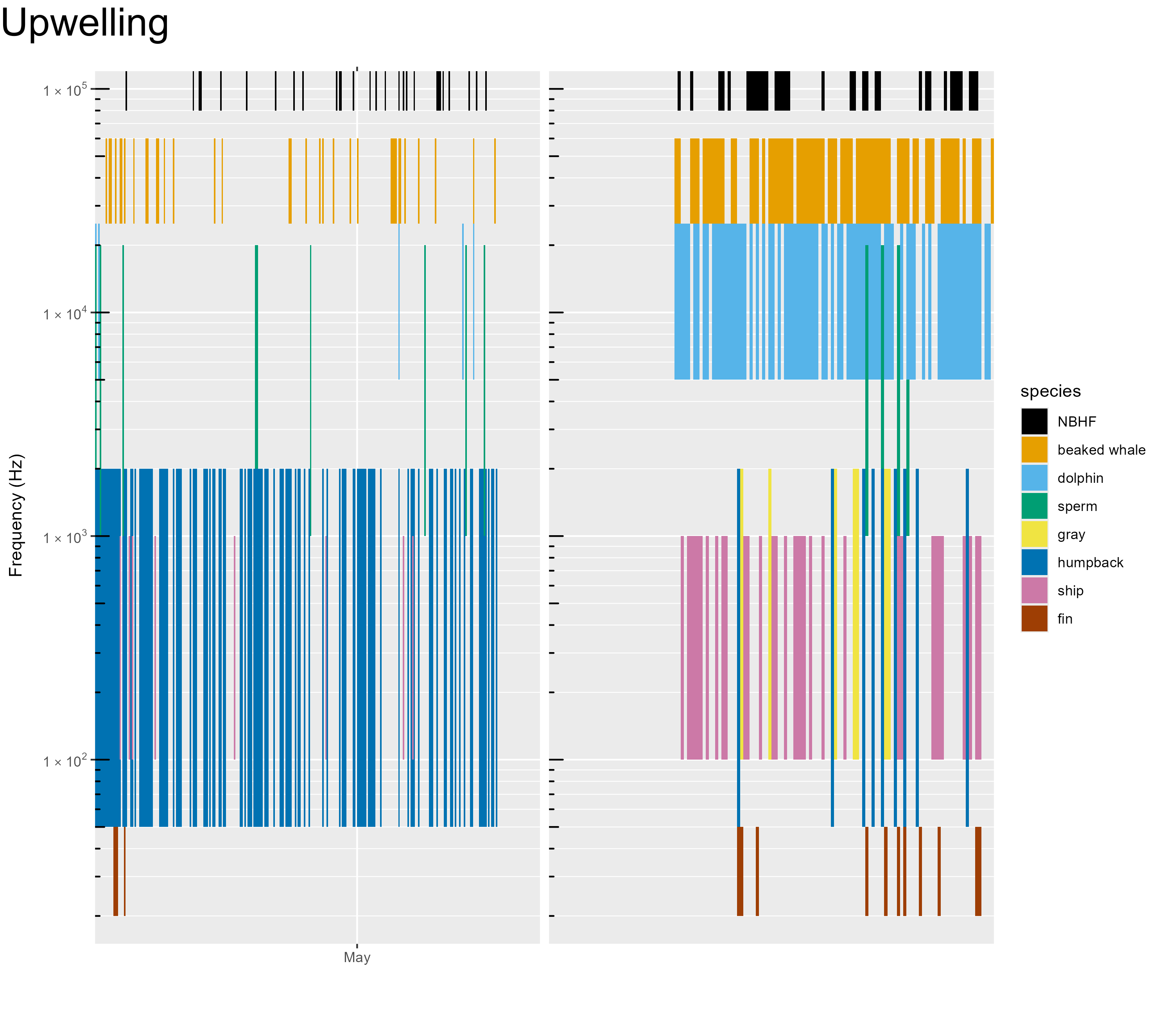 An acoustic scene provides a visualization of the spectral variation in the contributors to the soundscape, where detection of various species classes over time (x axis) are noted by the approximate frequency of their sounds, colored by species (y axis).  Detection of species varies over time and between deployments and seasons, which are outlined in the text.